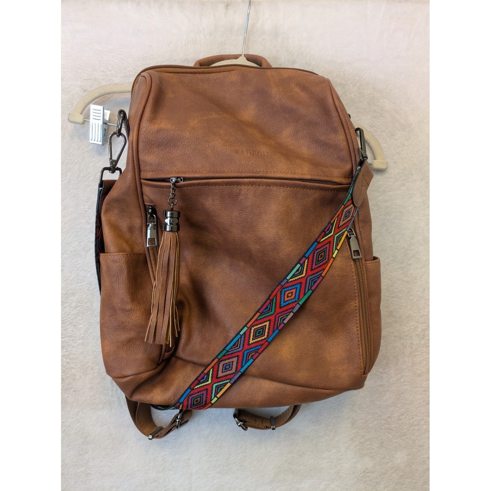 Fadeon Backpack Women's Large Brown Faux Leather Geometric Strap Tassel‎ Boho